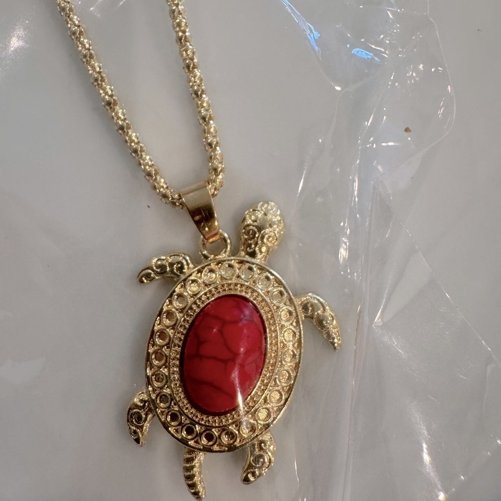 Gold Turtle Pendant Necklace with Red Stone and Earring Set